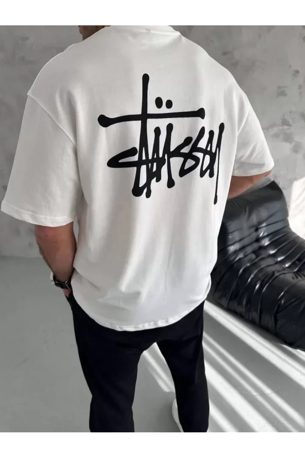 Unisex Bisiklet Yaka Baskılı Oversize T-Shirt - Beyaz