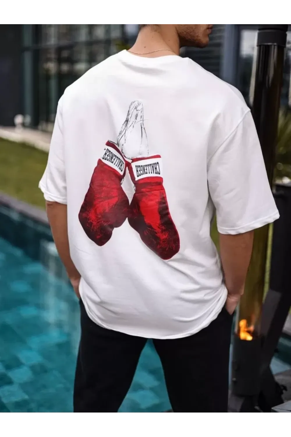 Unisex Bisiklet Yaka Baskılı Oversize T-Shirt - Beyaz