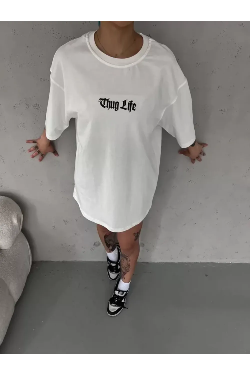 Unisex Bisiklet Yaka Baskılı Oversize T-Shirt - Beyaz