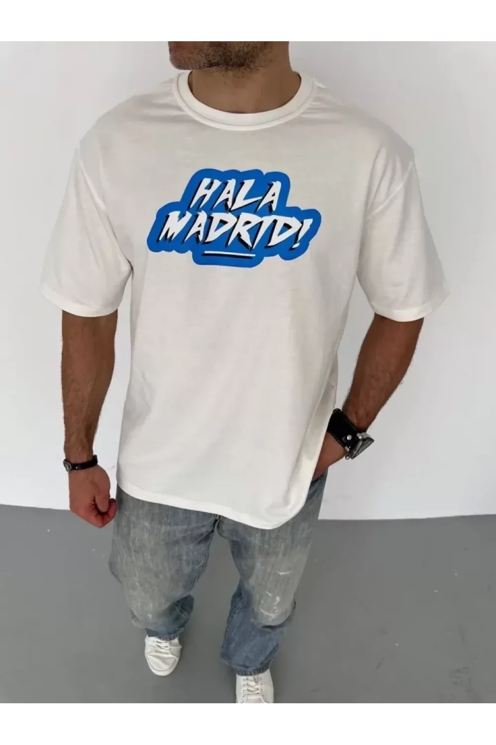 Unisex Bisiklet Yaka Baskılı Oversize T-Shirt - Beyaz