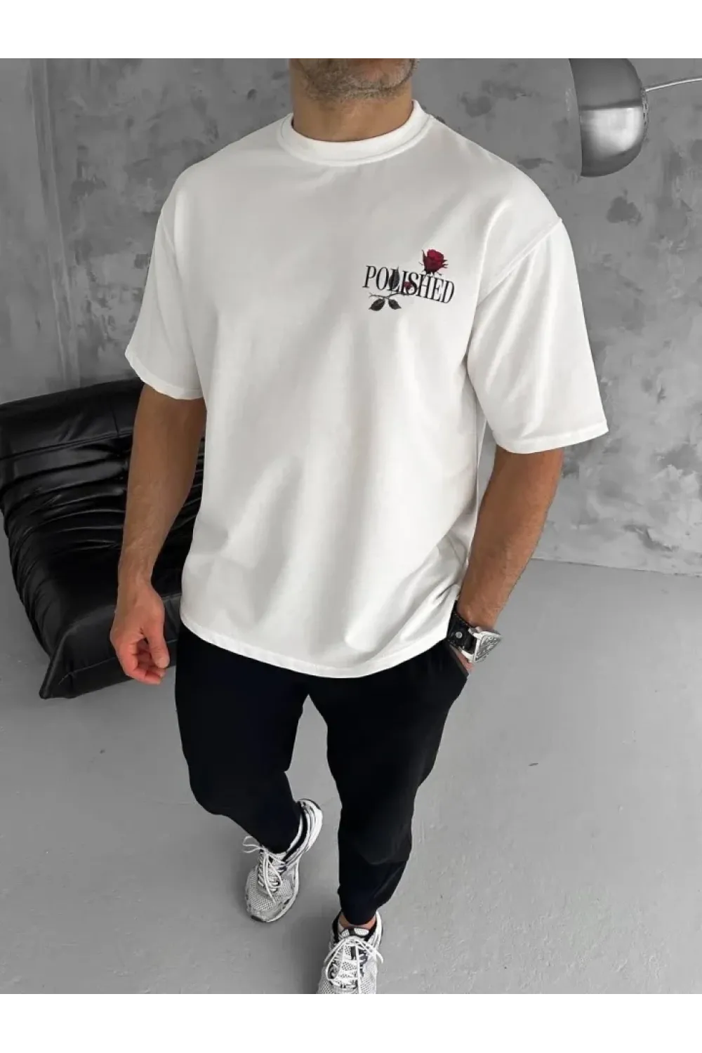 Unisex Bisiklet Yaka Baskılı Oversize T-Shirt - Beyaz
