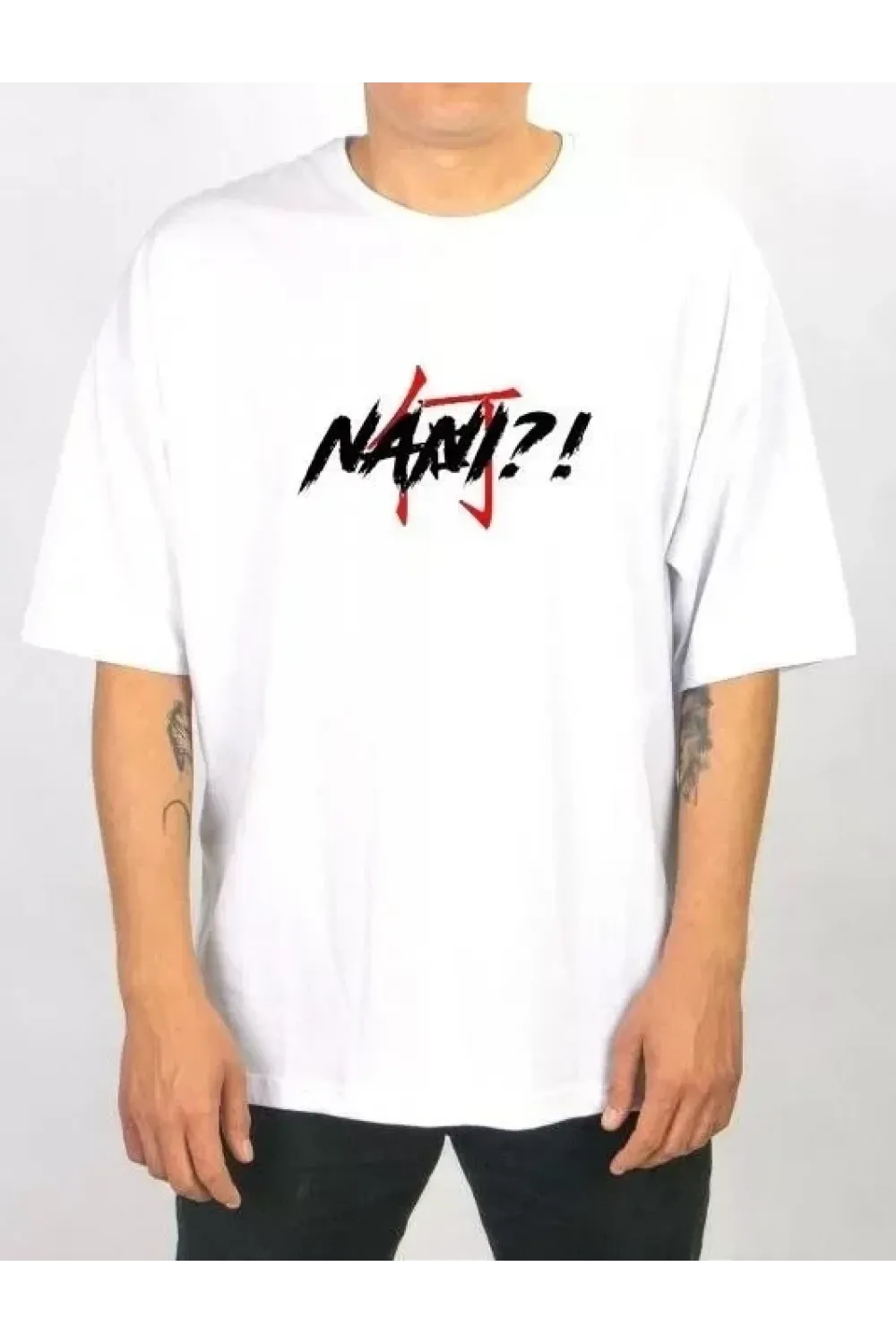 Unisex Bisiklet Yaka Baskılı Oversize T-Shirt - Beyaz