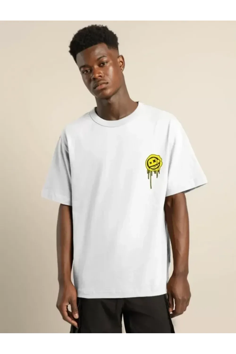 Unisex Bisiklet Yaka Baskılı Oversize T-Shirt - Beyaz
