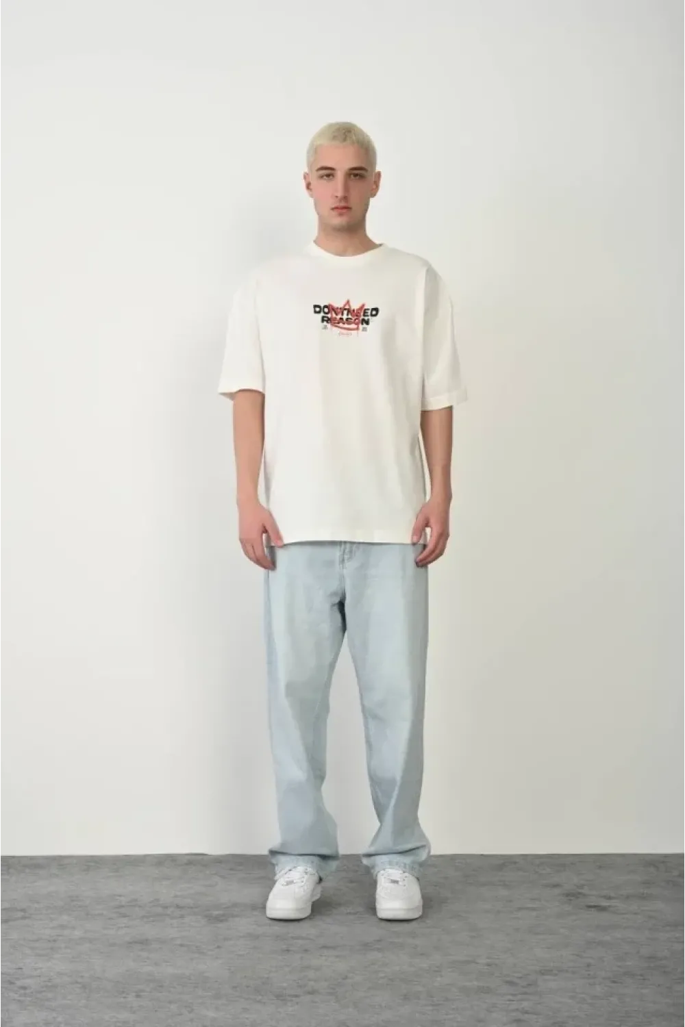 Unisex Bisiklet Yaka Baskılı Oversize T-Shirt - Beyaz