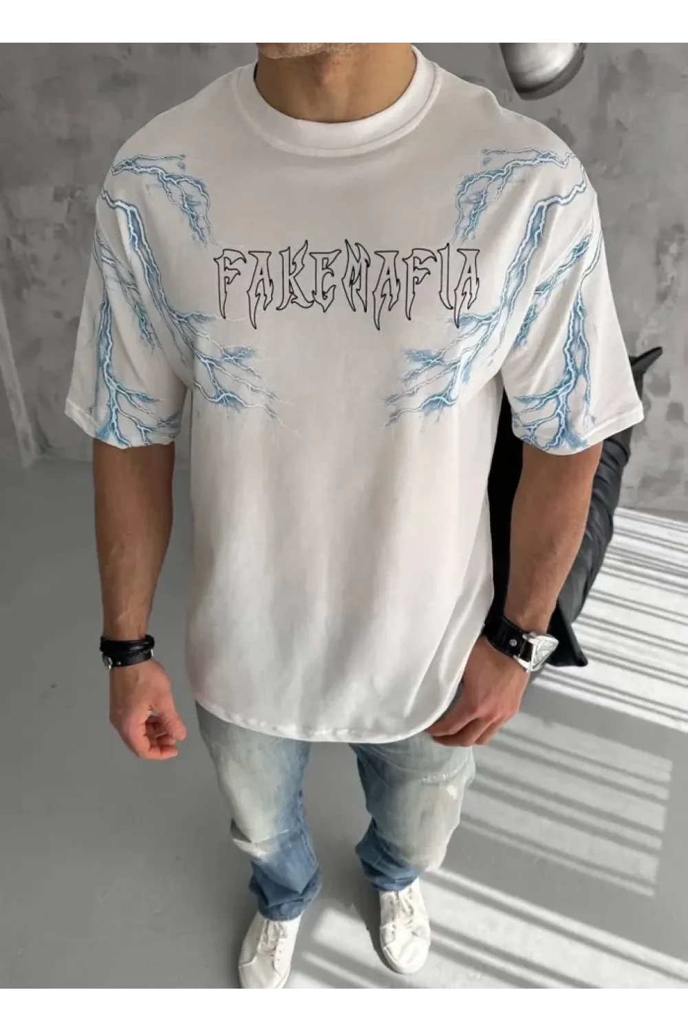 Unisex Bisiklet Yaka Baskılı Oversize T-Shirt - Beyaz
