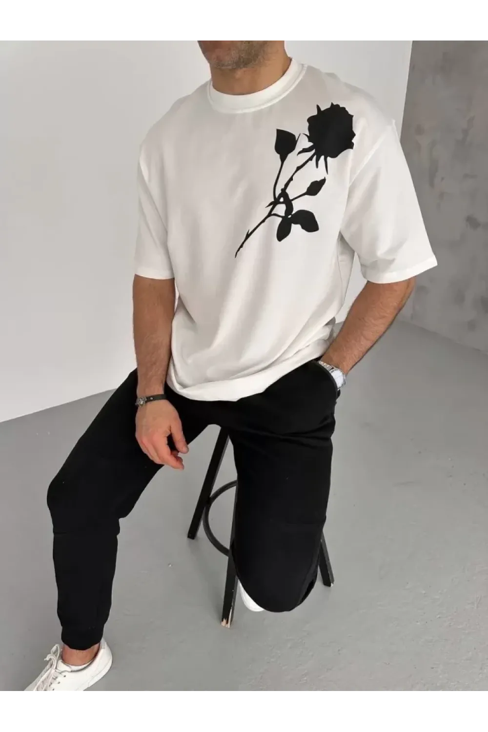 Unisex Bisiklet Yaka Baskılı Oversize T-Shirt - Beyaz