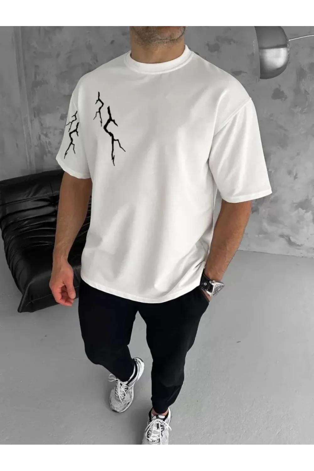 Unisex Bisiklet Yaka Baskılı Oversize T-Shirt - Beyaz