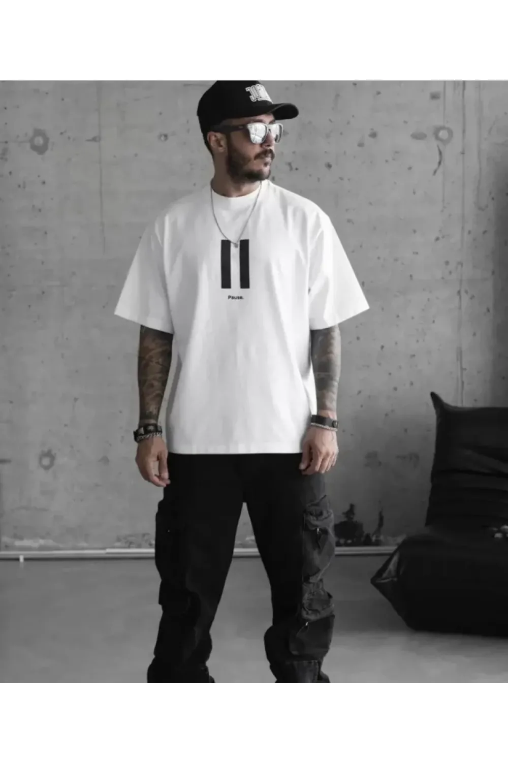 Unisex Bisiklet Yaka Baskılı Oversize T-Shirt - Beyaz