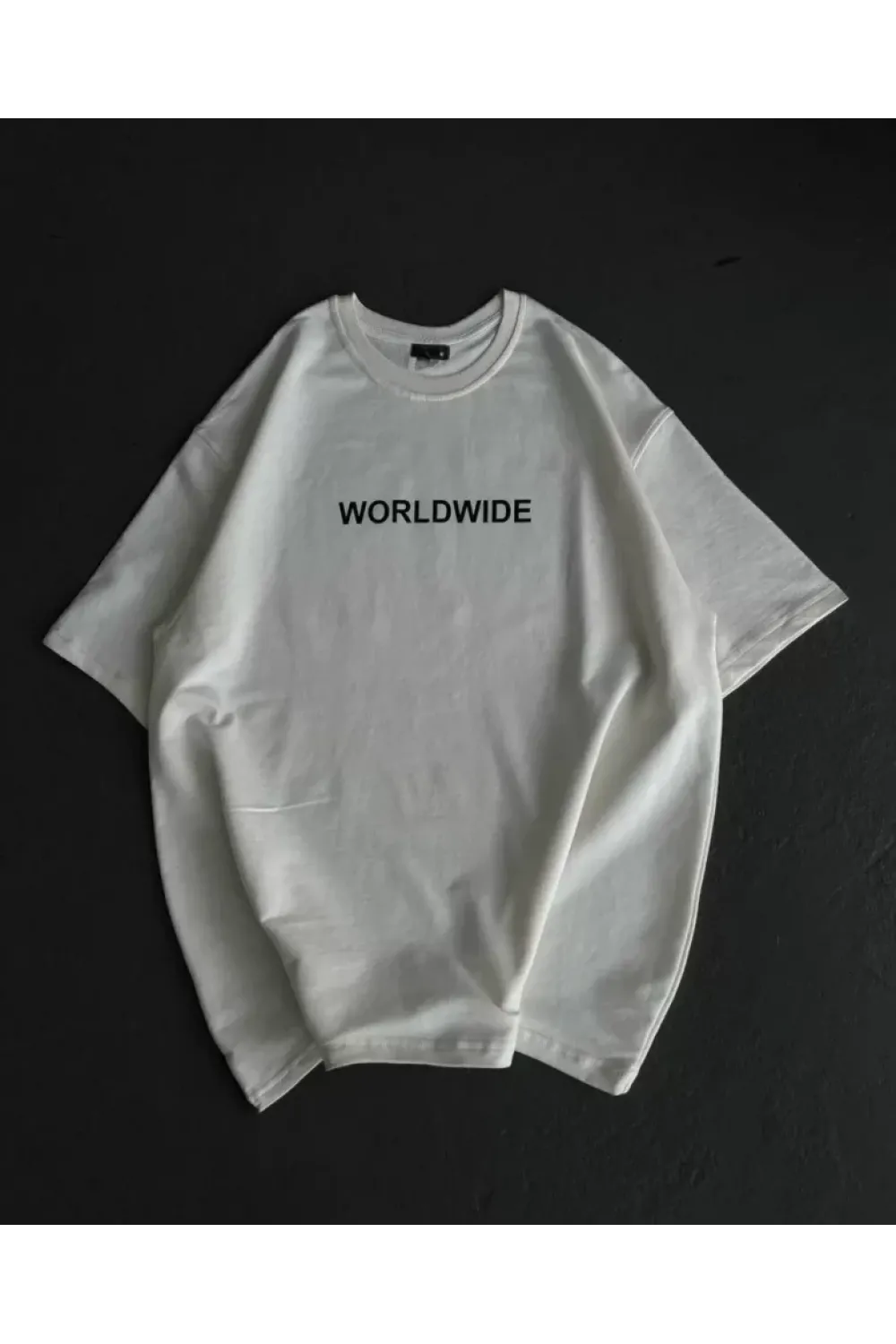 Unisex Bisiklet Yaka Baskılı Oversize T-Shirt - Beyaz