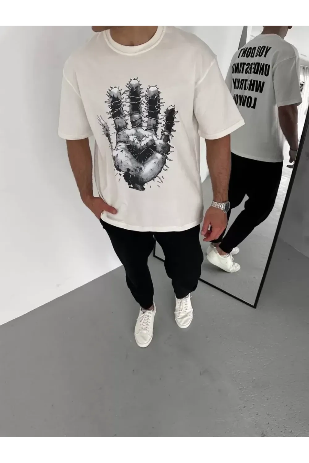 Unisex Bisiklet Yaka Baskılı Oversize T-Shirt - Beyaz