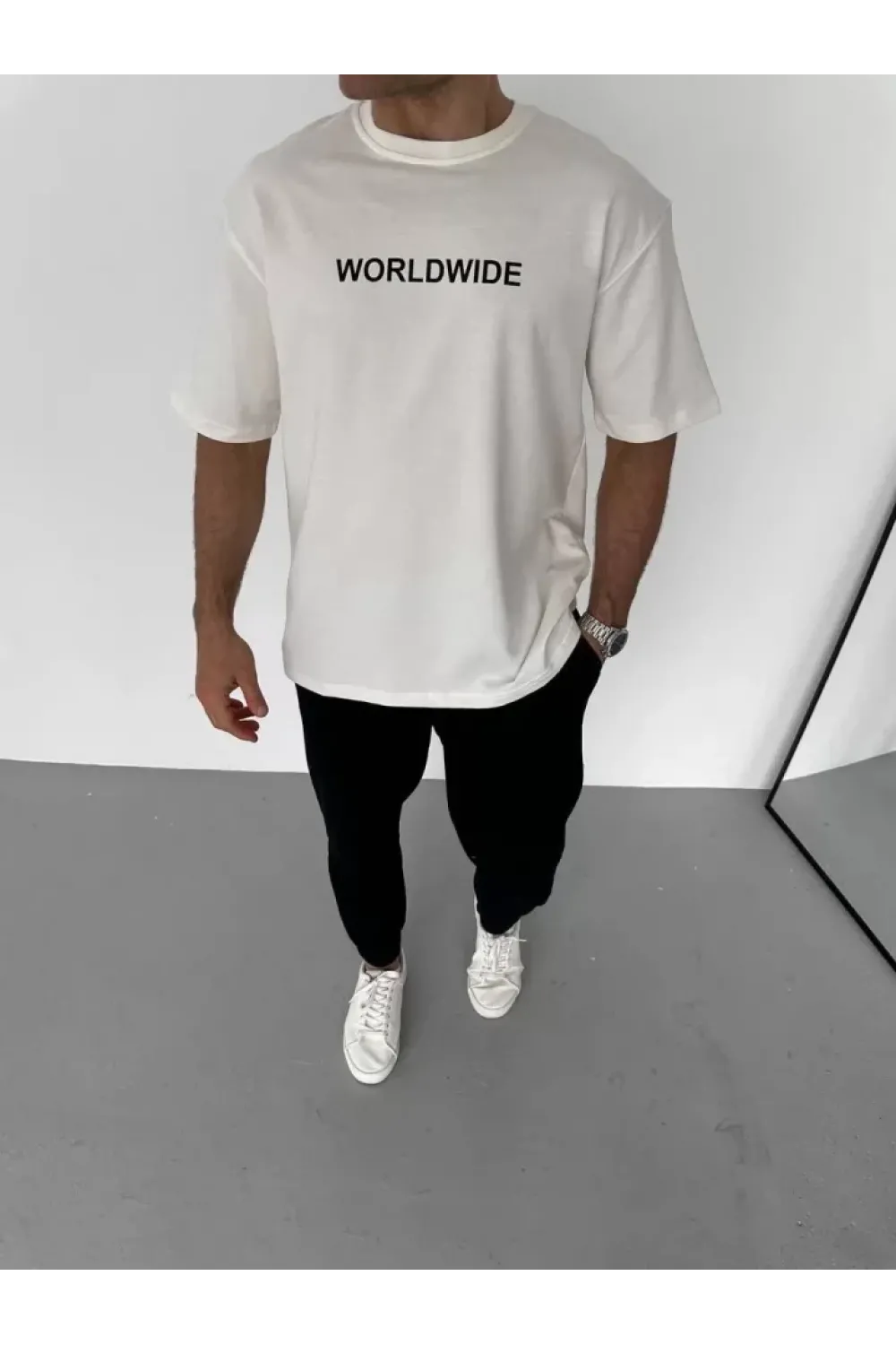 Unisex Bisiklet Yaka Baskılı Oversize T-Shirt - Beyaz