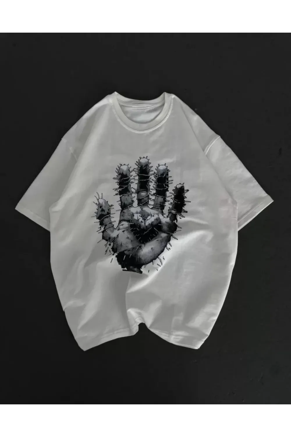 Unisex Bisiklet Yaka Baskılı Oversize T-Shirt - Beyaz