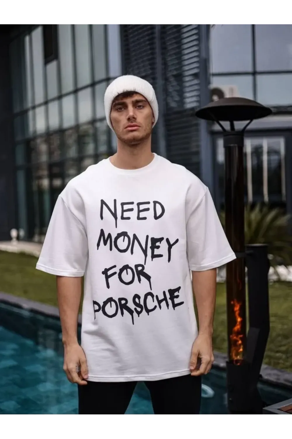 Unisex Bisiklet Yaka Baskılı Oversize T-Shirt - Beyaz