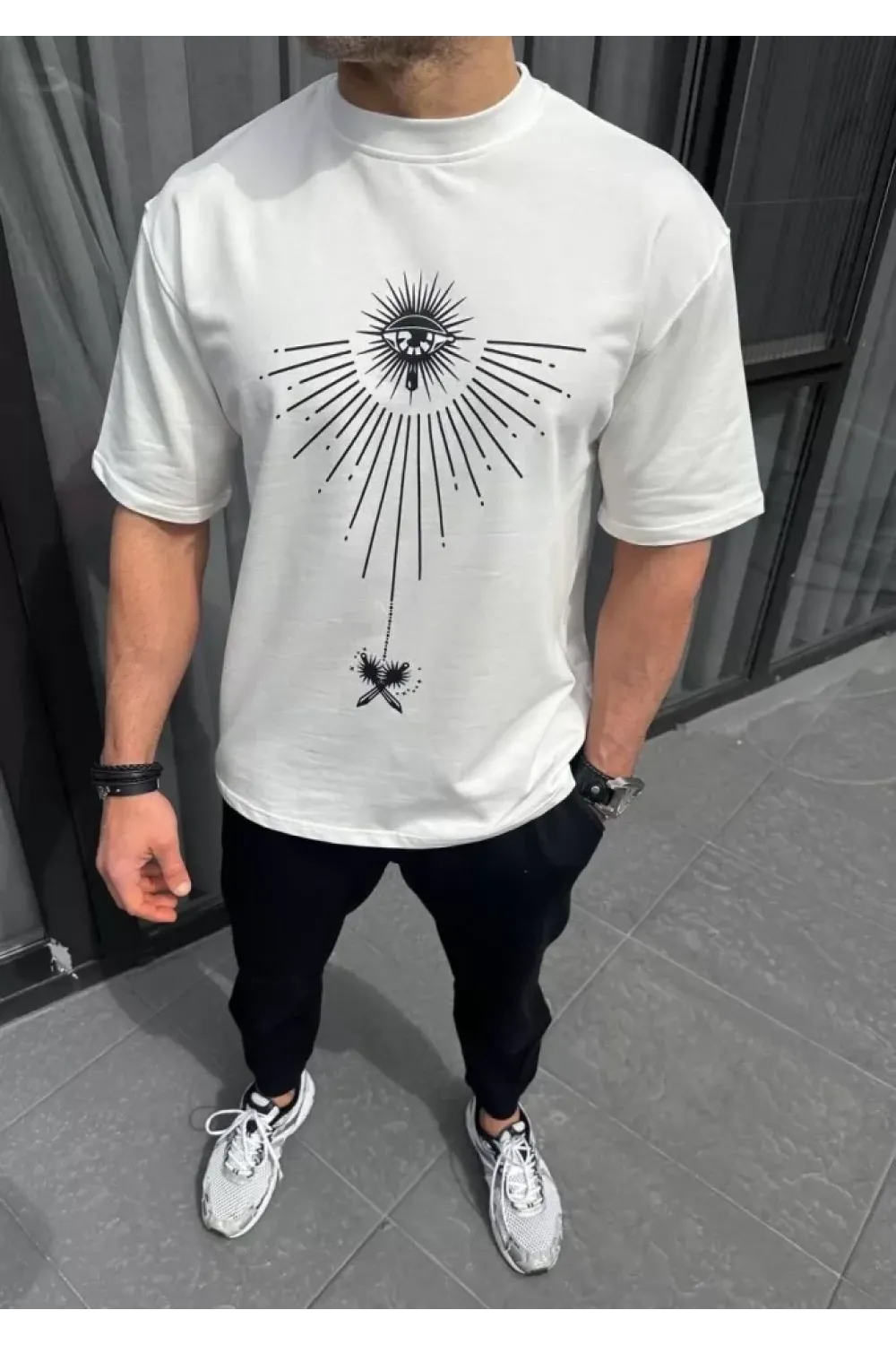 Unisex Bisiklet Yaka Baskılı Oversize T-Shirt - Beyaz