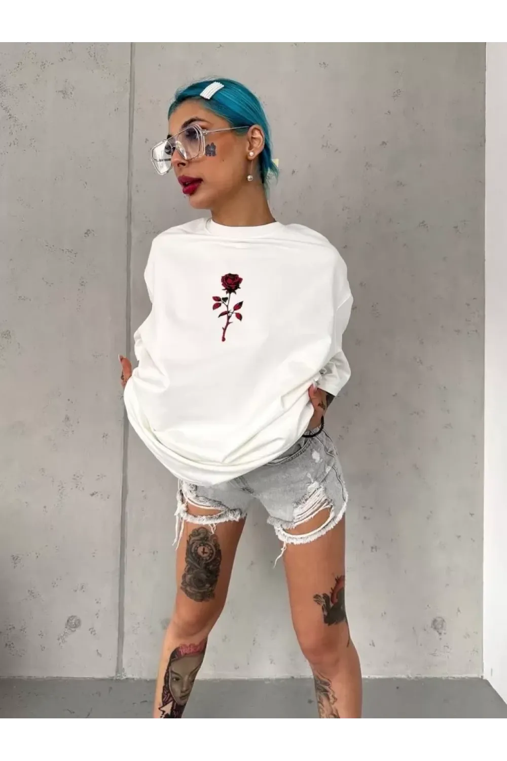 Unisex Bisiklet Yaka Baskılı Oversize T-Shirt - Beyaz