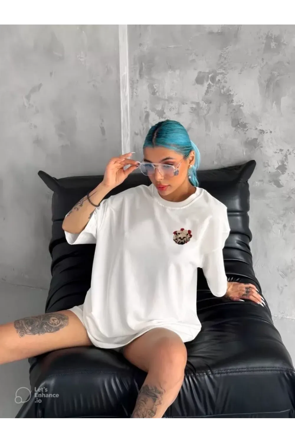 Unisex Bisiklet Yaka Baskılı Oversize T-Shirt - Beyaz
