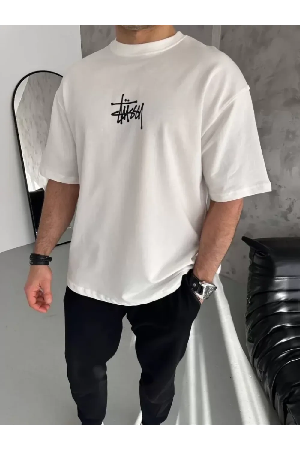 Unisex Bisiklet Yaka Baskılı Oversize T-Shirt - Beyaz
