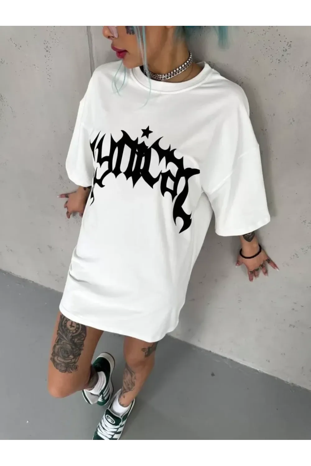 Unisex Bisiklet Yaka Baskılı Oversize T-Shirt - Beyaz