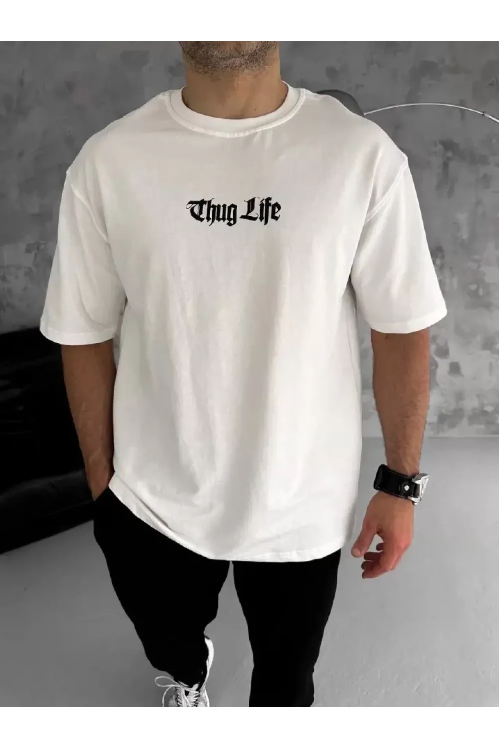 Unisex Bisiklet Yaka Baskılı Oversize T-Shirt - Beyaz