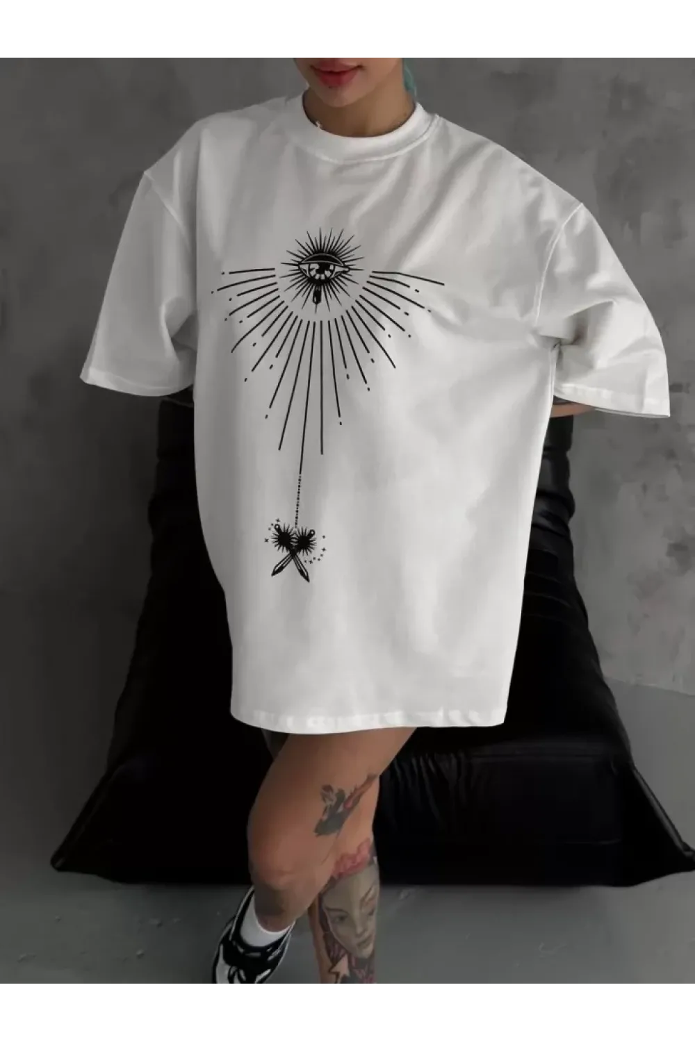 Unisex Bisiklet Yaka Baskılı Oversize T-Shirt - Beyaz