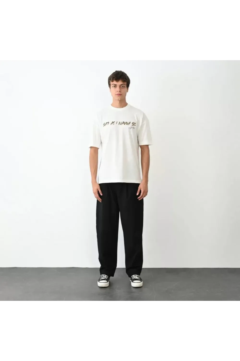 Unisex Bisiklet Yaka Baskılı Oversize T-Shirt - Beyaz