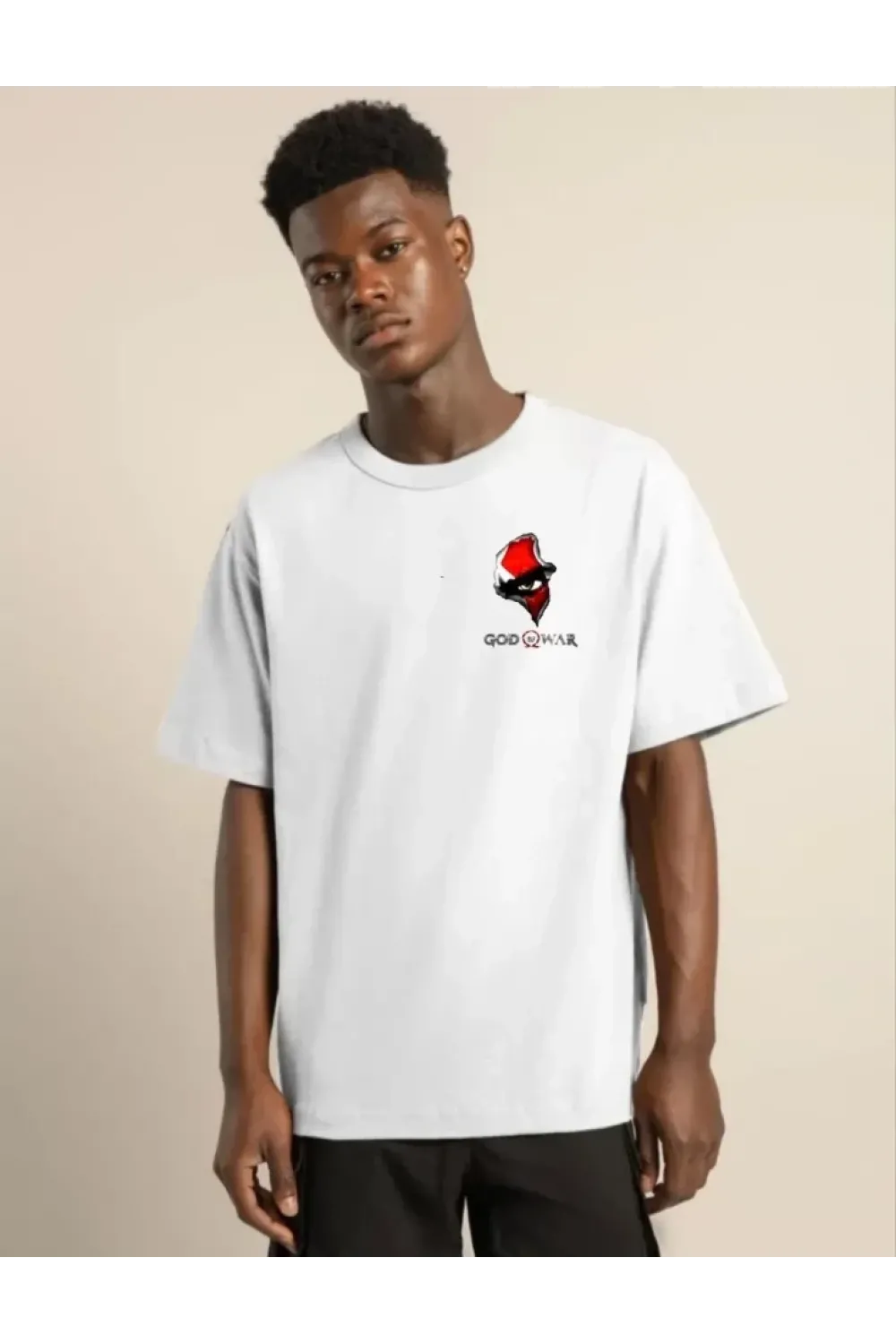 Unisex Bisiklet Yaka Baskılı Oversize T-Shirt - Beyaz