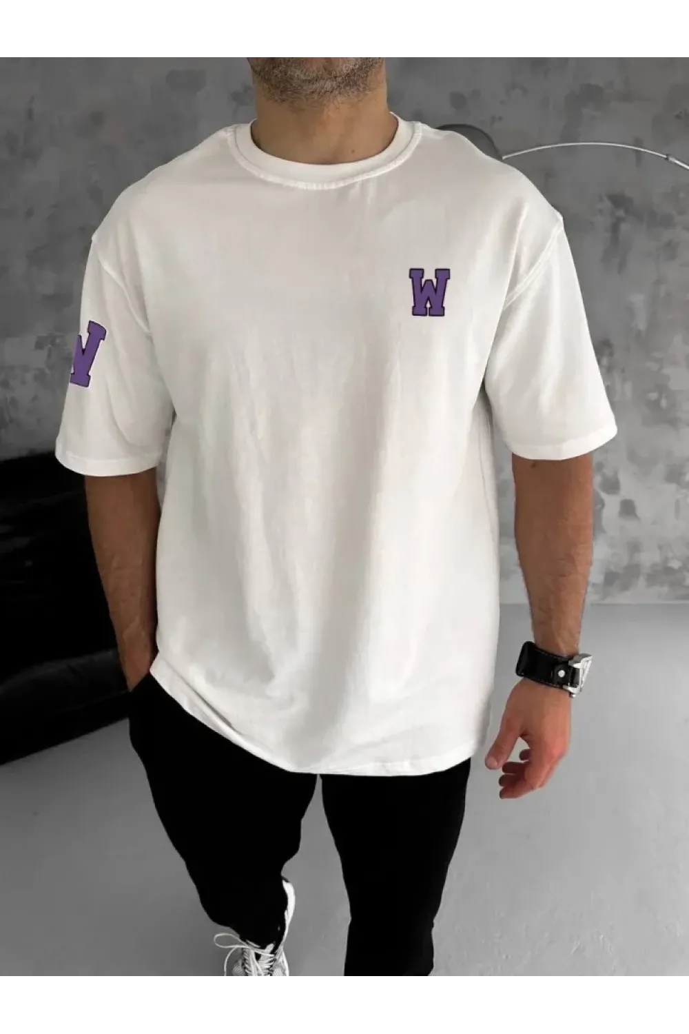 Unisex Bisiklet Yaka Baskılı Oversize T-Shirt - Beyaz