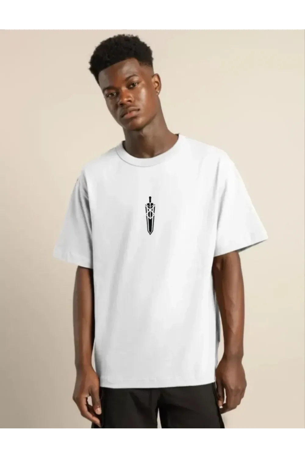 Unisex Bisiklet Yaka Baskılı Oversize T-Shirt - Beyaz