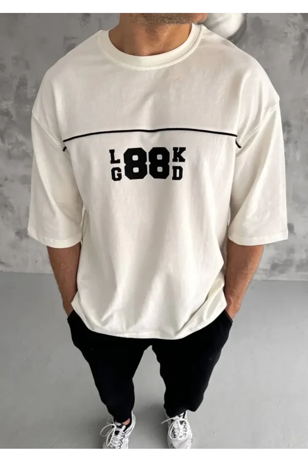 Unisex Bisiklet Yaka Baskılı Oversize T-Shirt - Beyaz