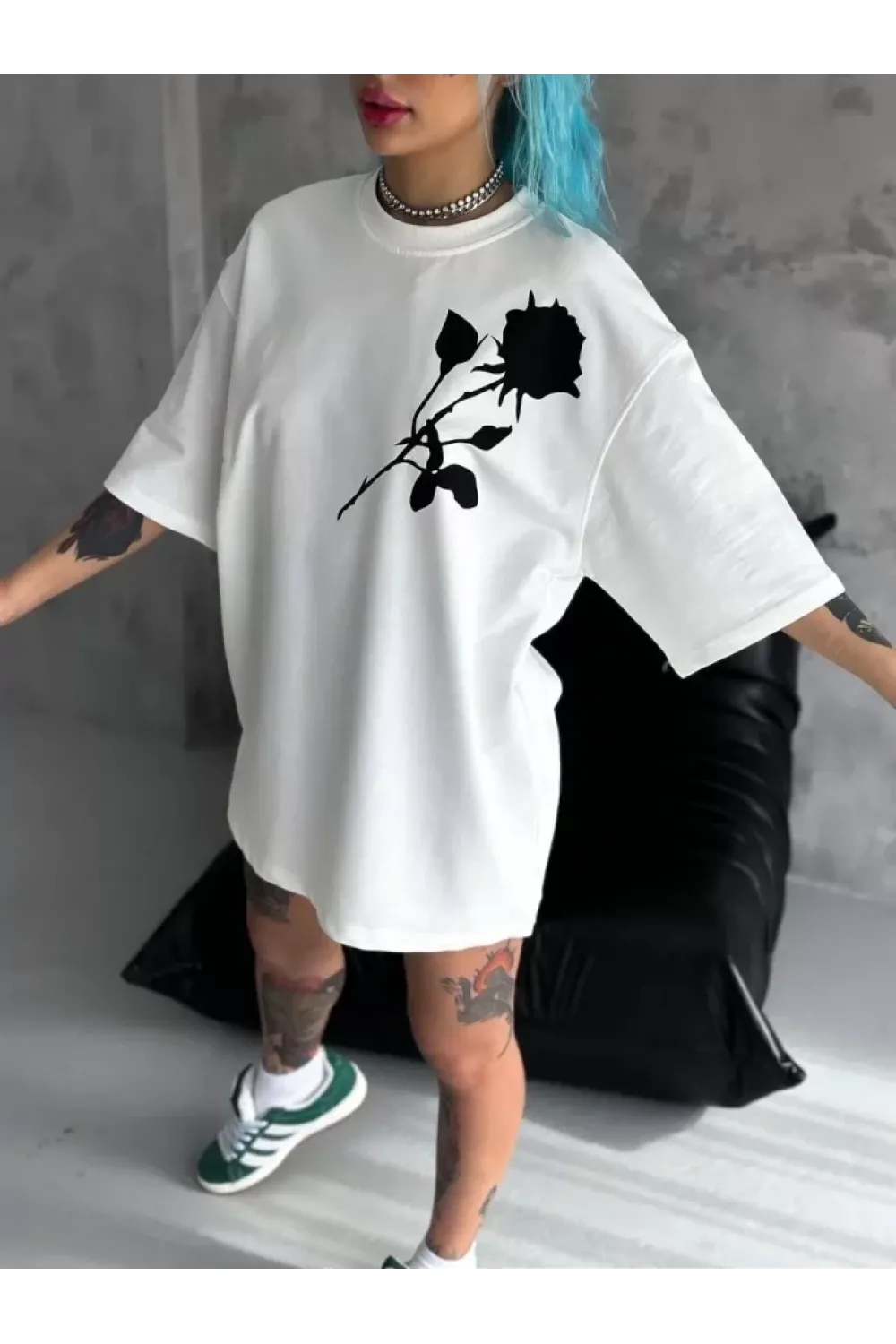 Unisex Bisiklet Yaka Baskılı Oversize T-Shirt - Beyaz