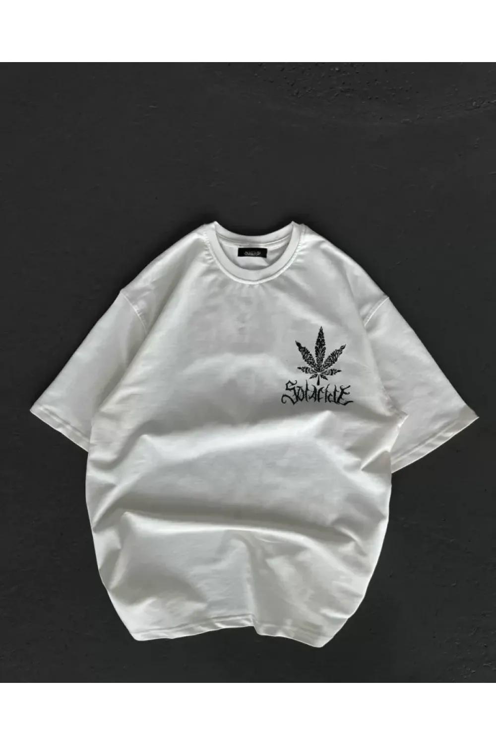 Unisex Bisiklet Yaka Baskılı Oversize T-Shirt - Beyaz