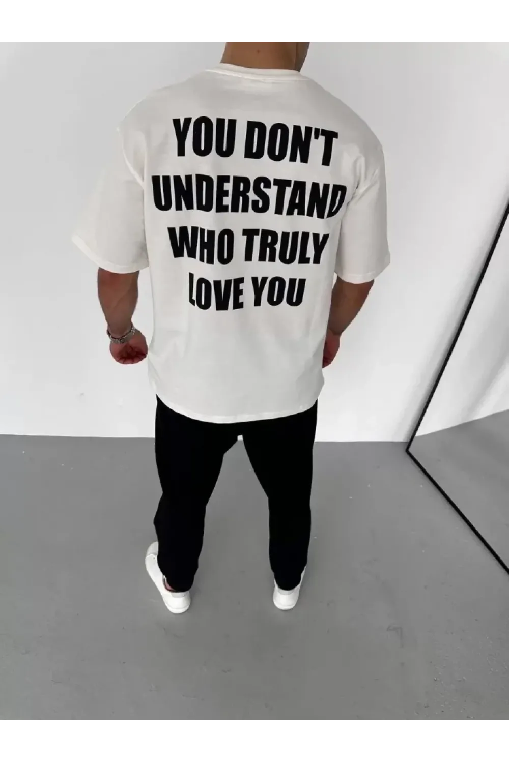 Unisex Bisiklet Yaka Baskılı Oversize T-Shirt - Beyaz