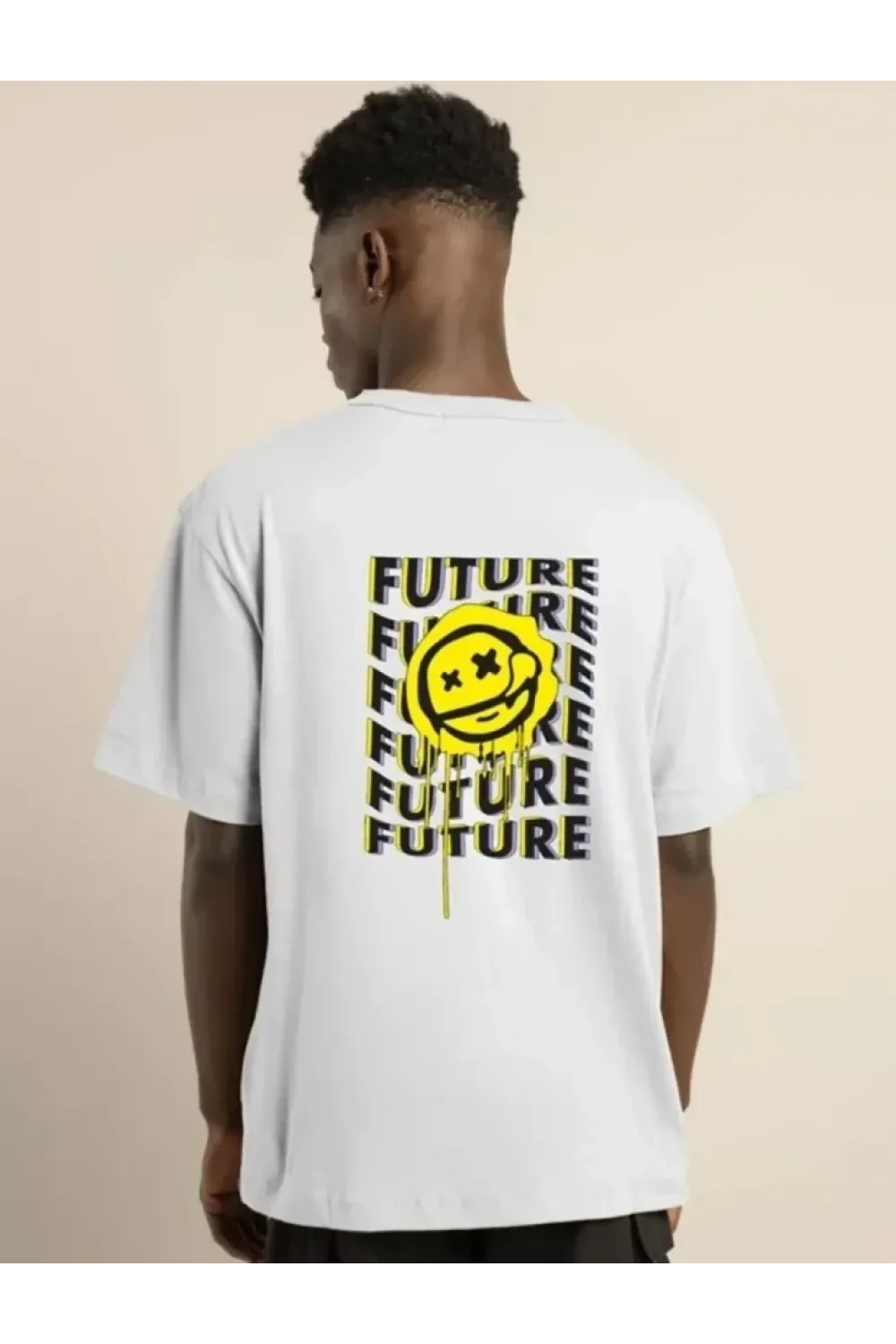 Unisex Bisiklet Yaka Baskılı Oversize T-Shirt - Beyaz
