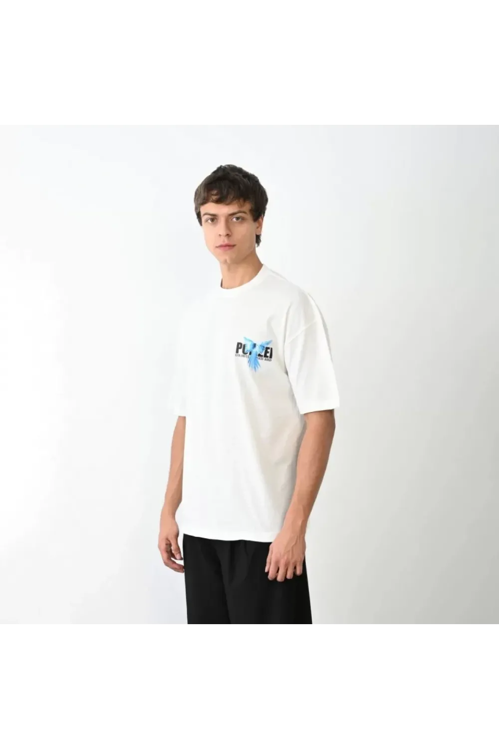 Unisex Bisiklet Yaka Baskılı Oversize T-Shirt - Beyaz