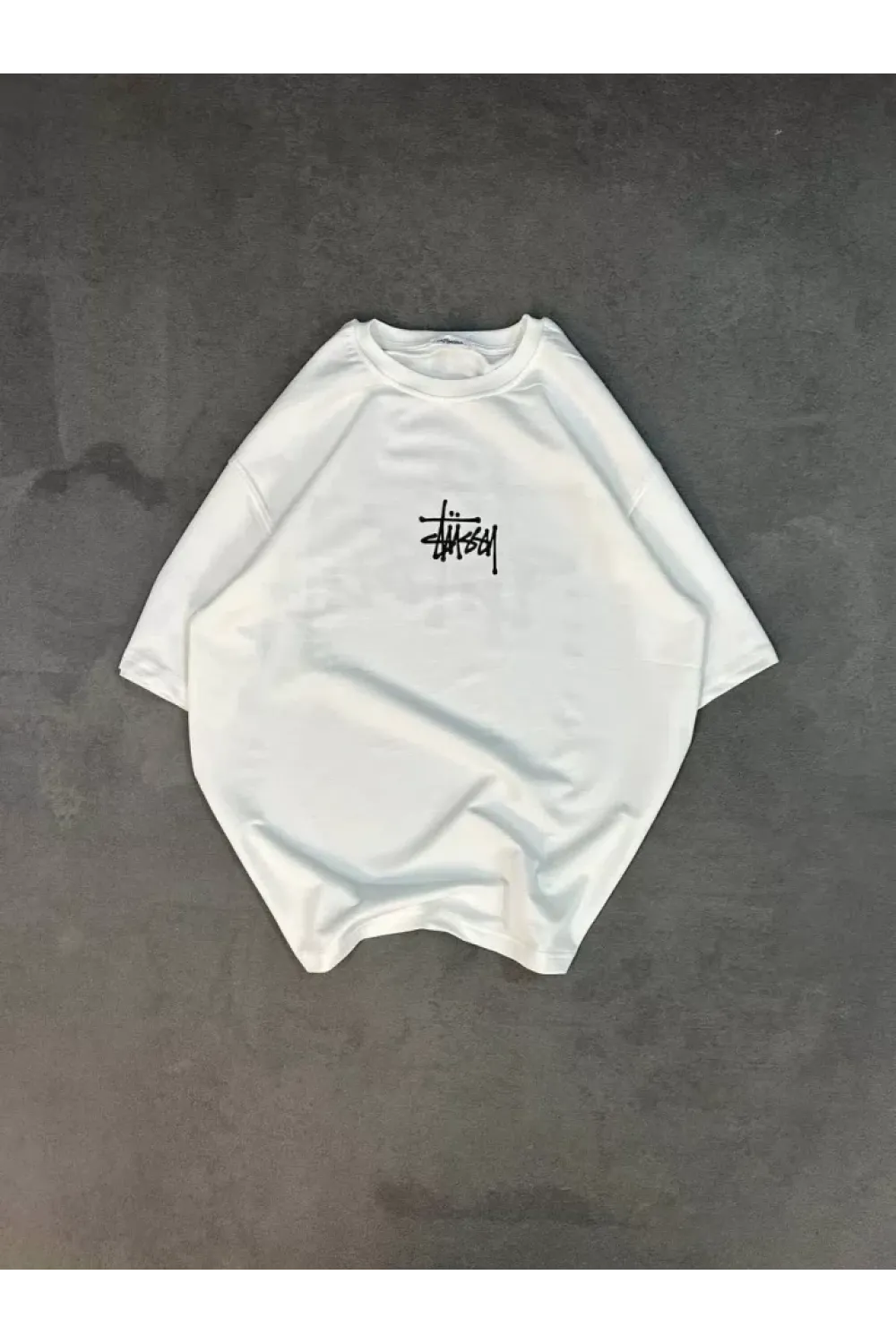 Unisex Bisiklet Yaka Baskılı Oversize T-Shirt - Beyaz