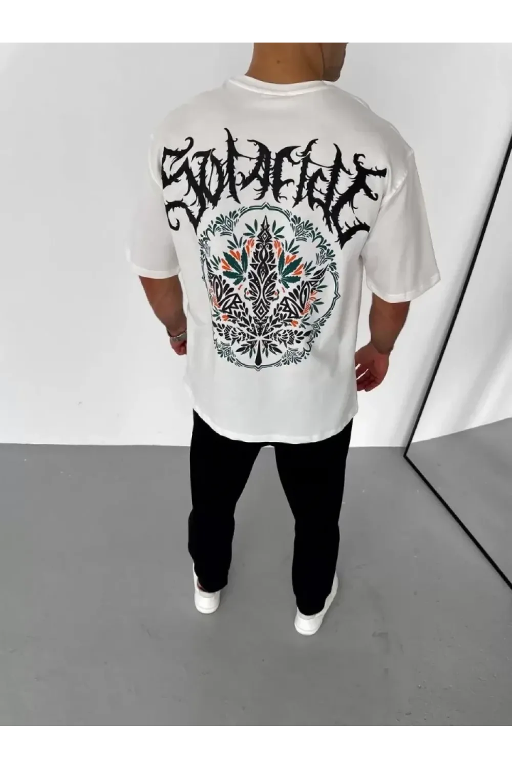 Unisex Bisiklet Yaka Baskılı Oversize T-Shirt - Beyaz