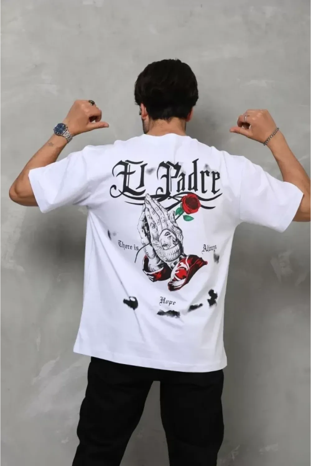 Unisex Bisiklet Yaka Baskılı Oversize T-Shirt - Beyaz