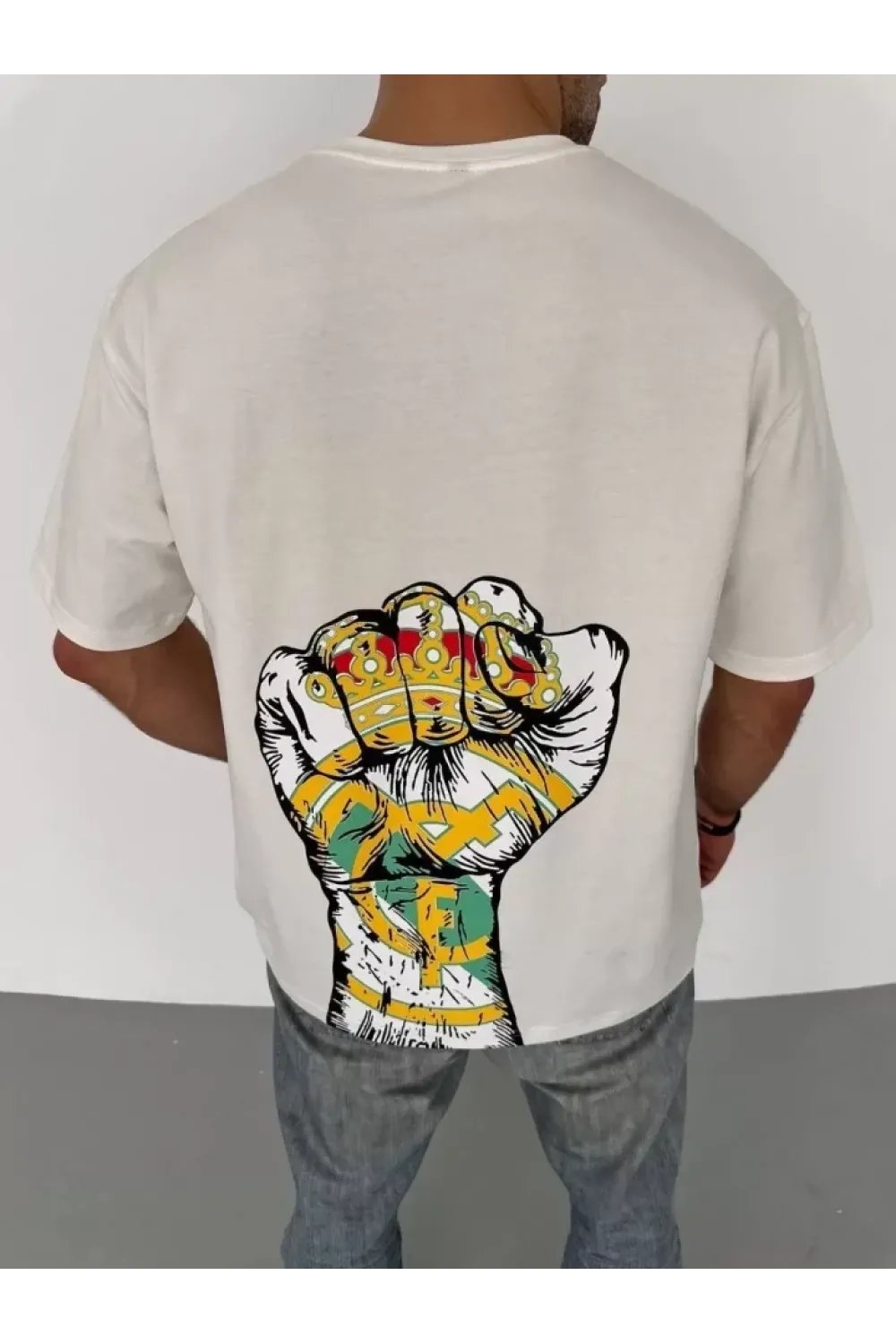 Unisex Bisiklet Yaka Baskılı Oversize T-Shirt - Beyaz