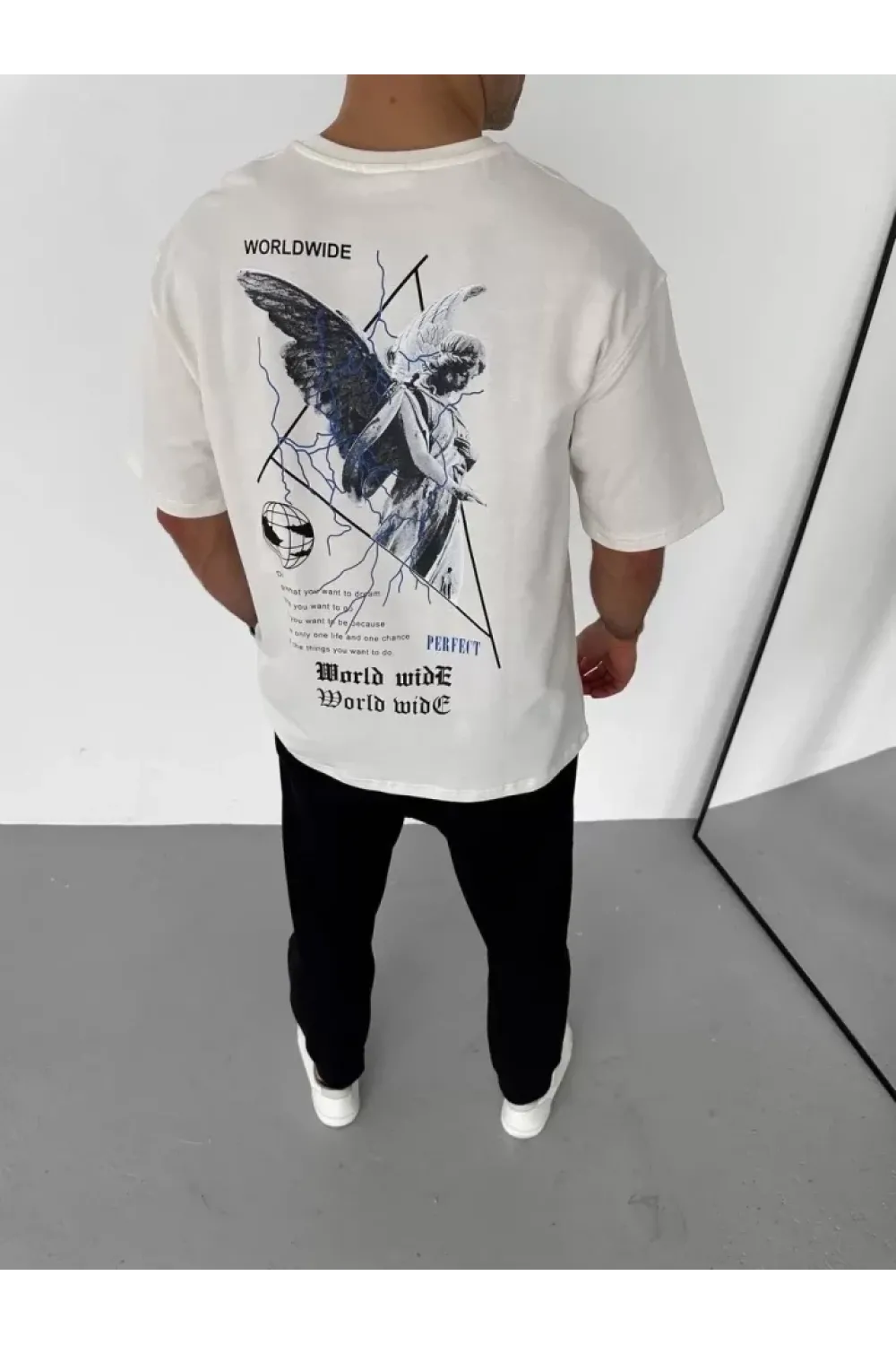 Unisex Bisiklet Yaka Baskılı Oversize T-Shirt - Beyaz