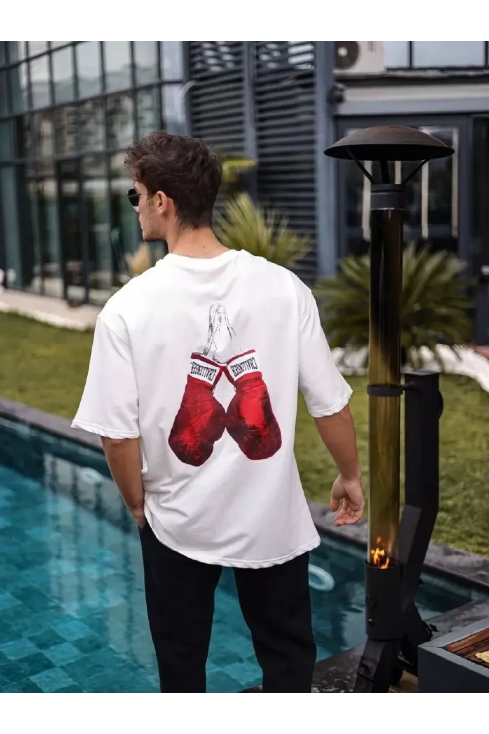 Unisex Bisiklet Yaka Baskılı Oversize T-Shirt - Beyaz