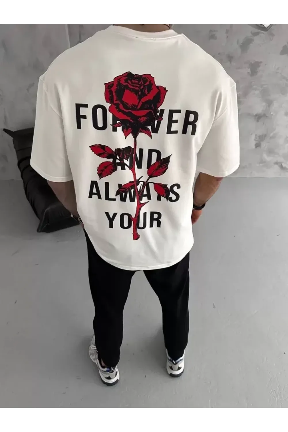 Unisex Bisiklet Yaka Baskılı Oversize T-Shirt - Beyaz