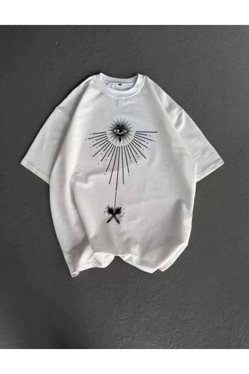 Unisex Bisiklet Yaka Baskılı Oversize T-Shirt - Beyaz