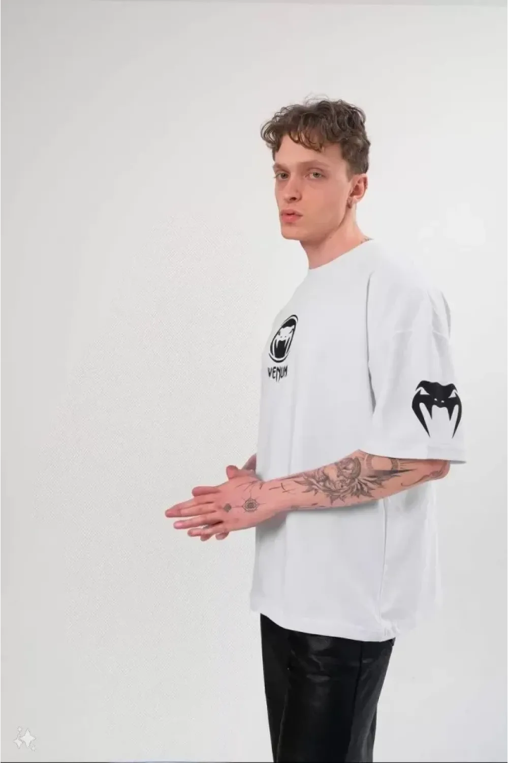 Unisex Bisiklet Yaka Baskılı Oversize T-Shirt - Beyaz