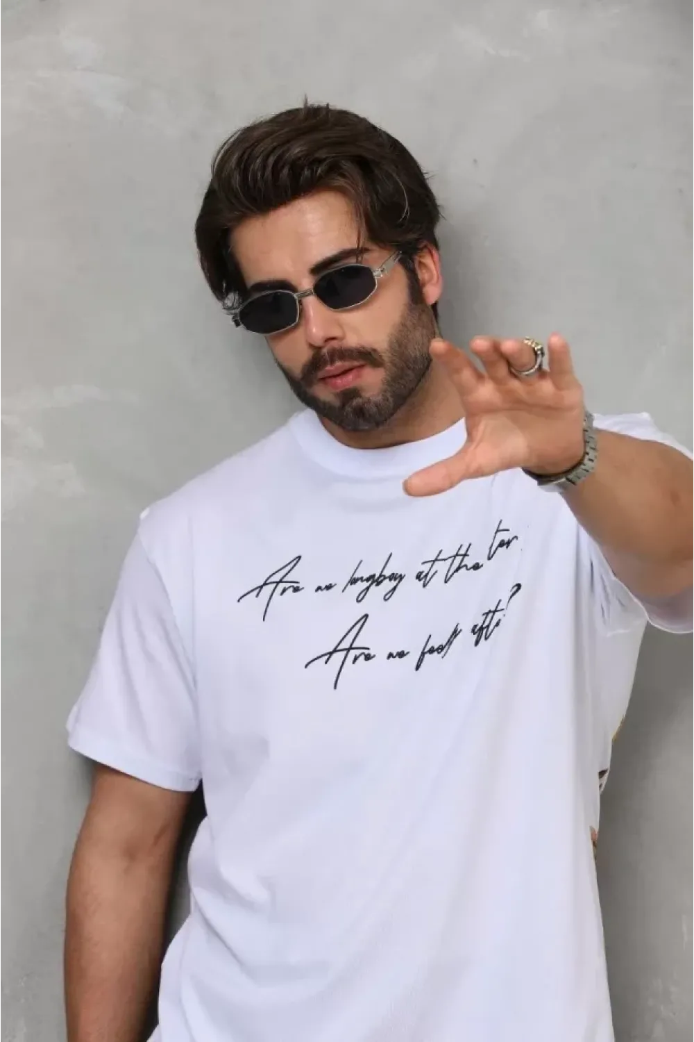 Unisex Bisiklet Yaka Baskılı Oversize T-Shirt - Beyaz