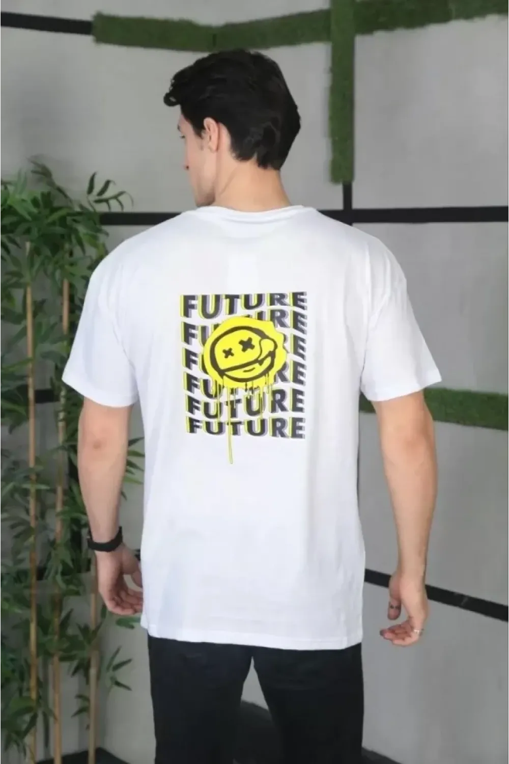 Unisex Bisiklet Yaka Baskılı Oversize T-Shirt - Beyaz