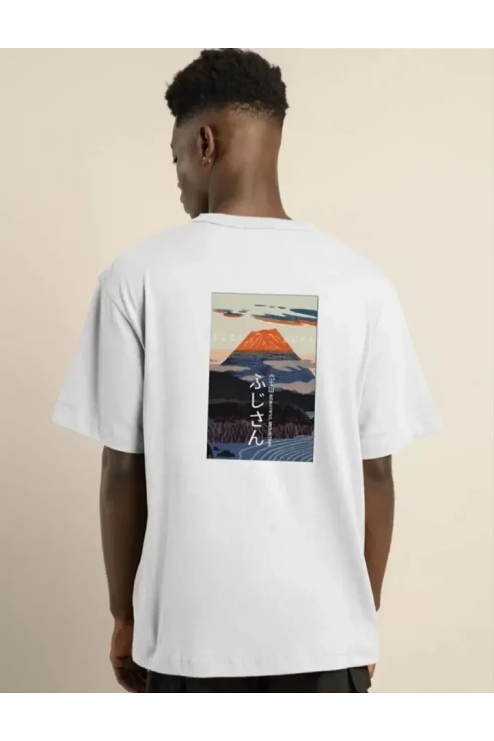 Unisex Bisiklet Yaka Baskılı Oversize T-Shirt - Beyaz