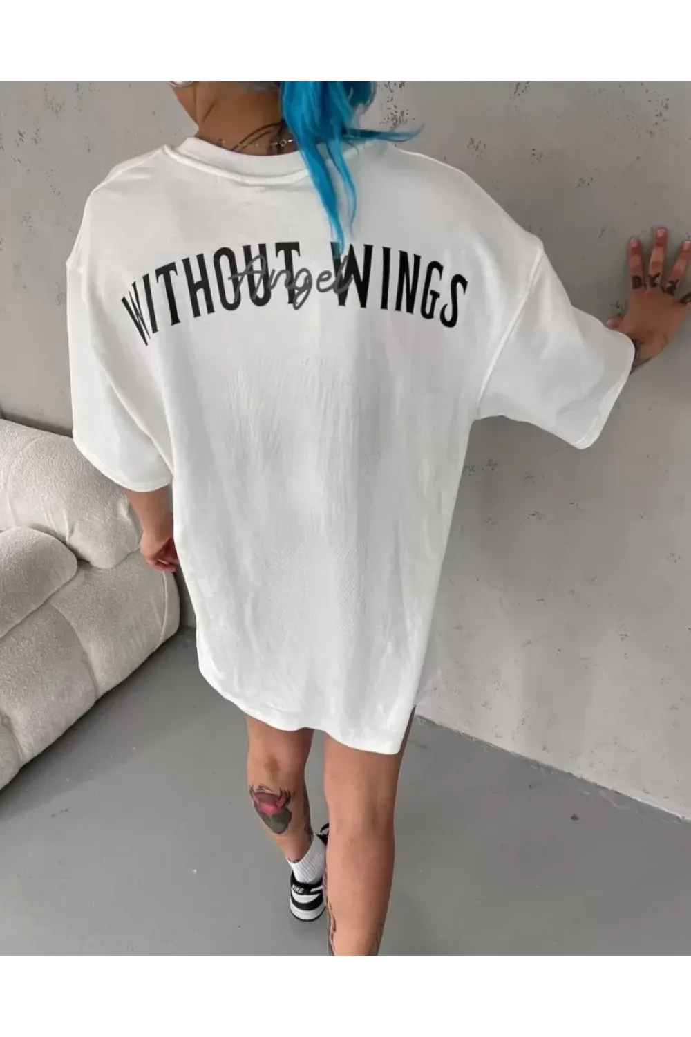Unisex Bisiklet Yaka Baskılı Oversize T-Shirt - Beyaz