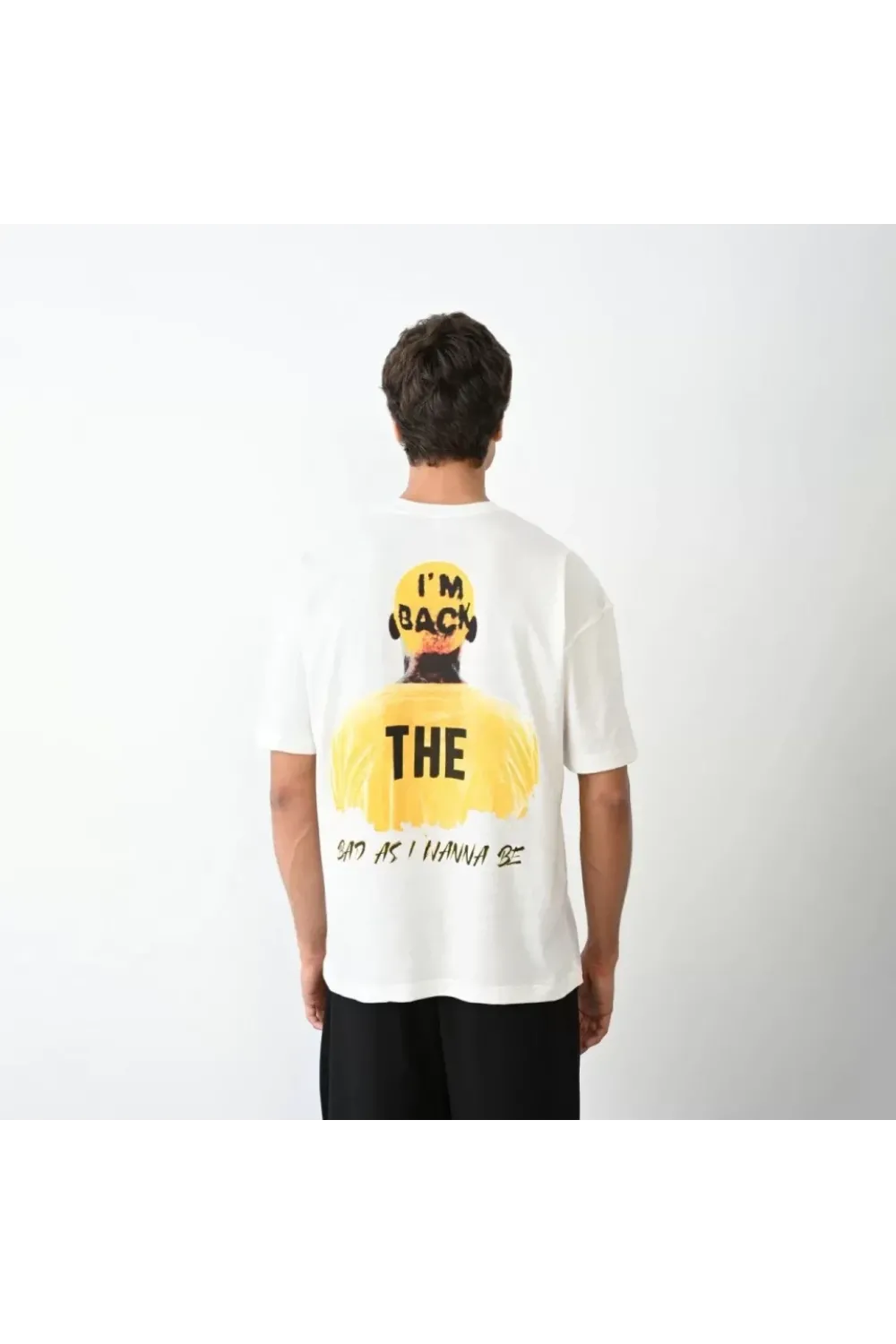 Unisex Bisiklet Yaka Baskılı Oversize T-Shirt - Beyaz