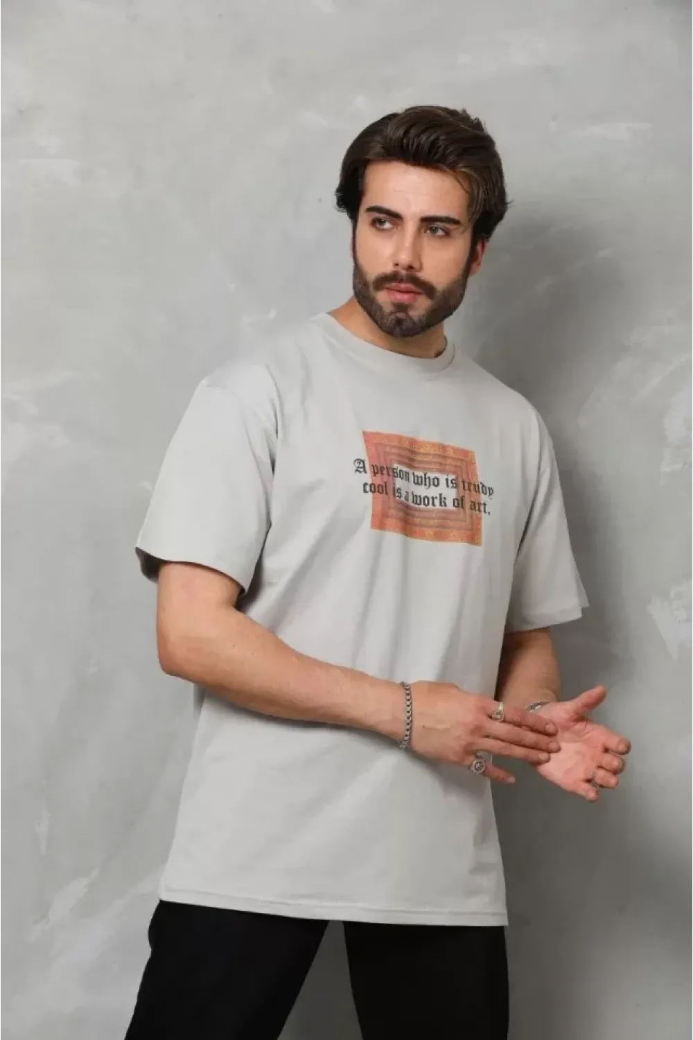 Unisex Bisiklet Yaka Baskılı Oversize T-Shirt - Gri