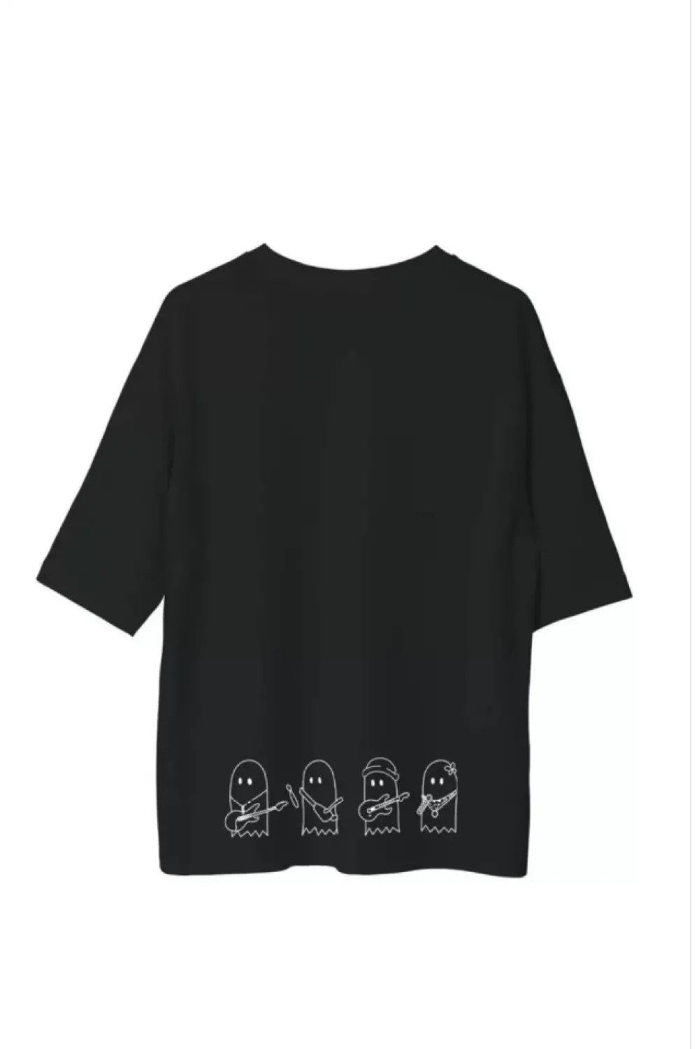 Unisex Bisiklet Yaka Baskılı Oversize T-Shirt - Siyah